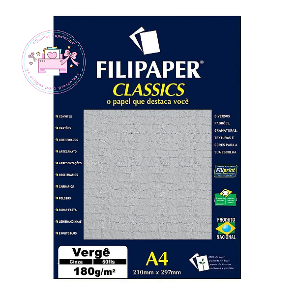 Papel Vergê Filipaper Cinza - 180g 50 Folhas